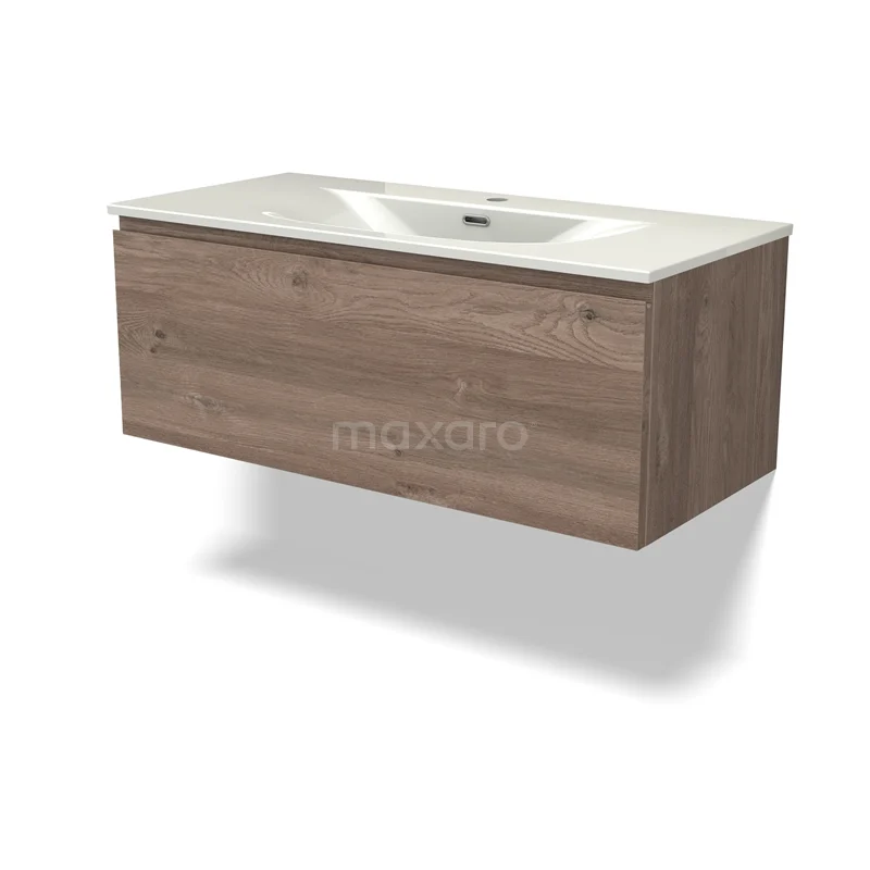 Modulo Vanity units with basin | 100 cm Mid brown oak Handle-less front Ceramic 1 drawer BMW11-04915
