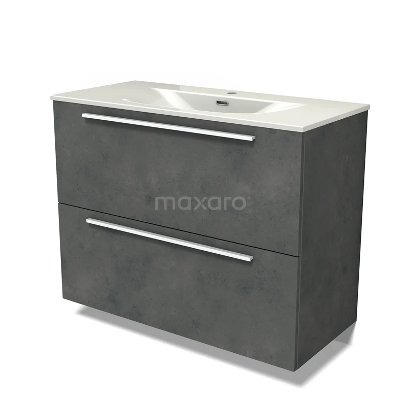 Modulo Vanity units with basin | 100 cm Dark grey concrete Flat front Ceramic 2 stacked drawers under each other BMW13-01610