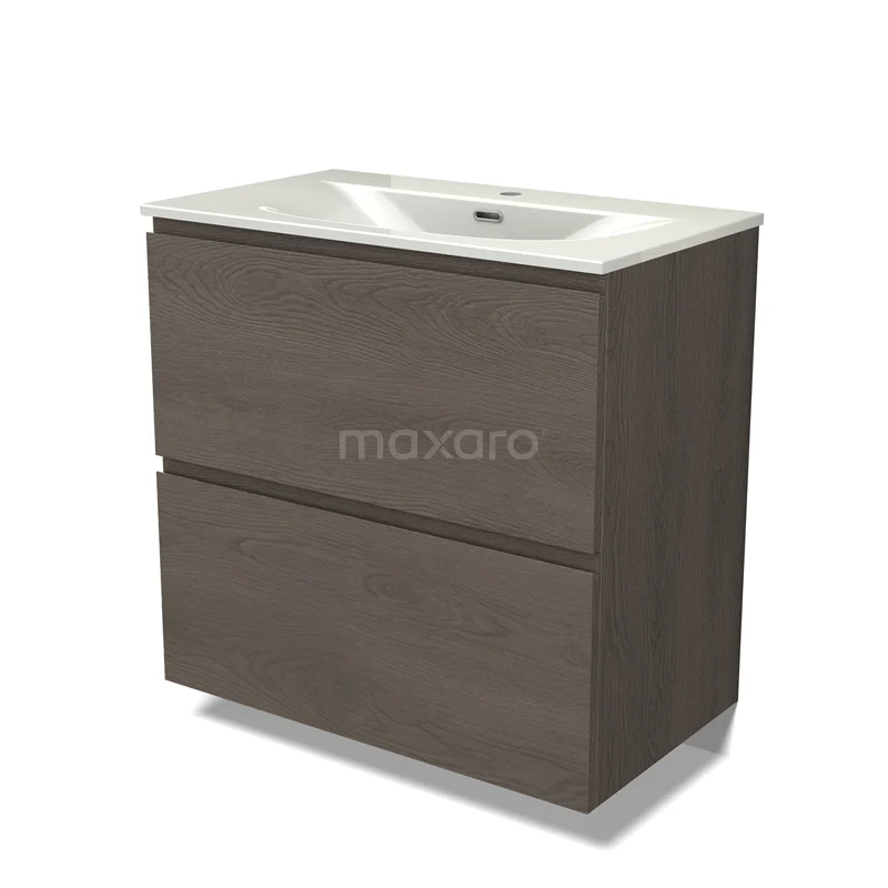 Modulo Vanity units with basin | 80 cm Dark brown oak Handle-less front Ceramic 2 stacked drawers under each other BMW13-01613