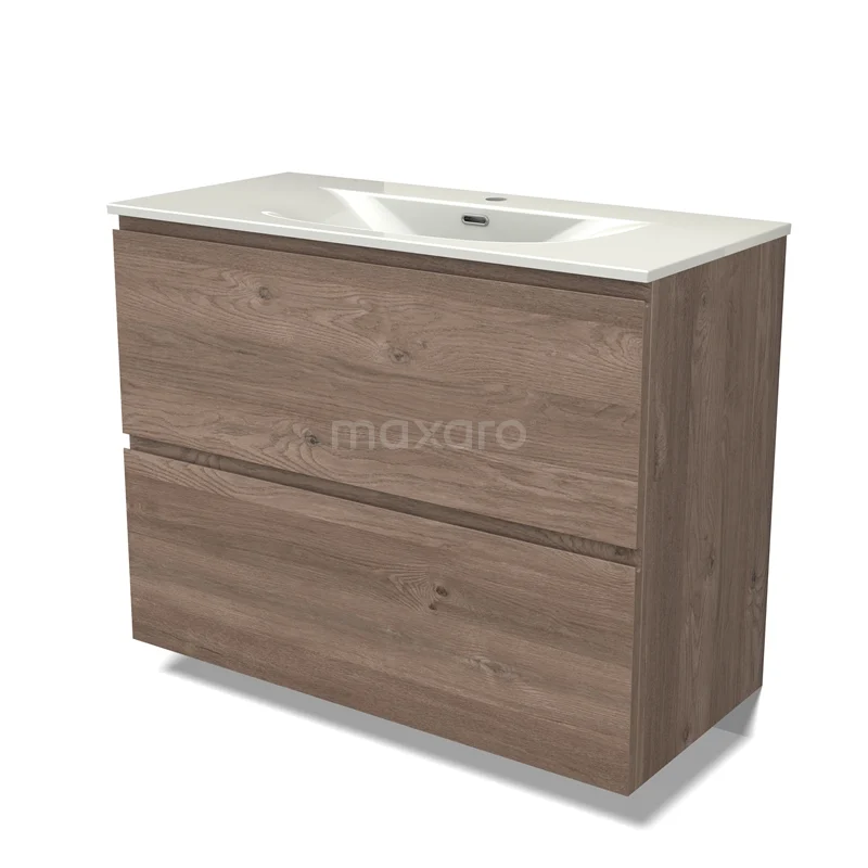 Modulo Vanity units with basin | 100 cm Mid brown oak Handle-less front Ceramic 2 stacked drawers under each other BMW13-01615