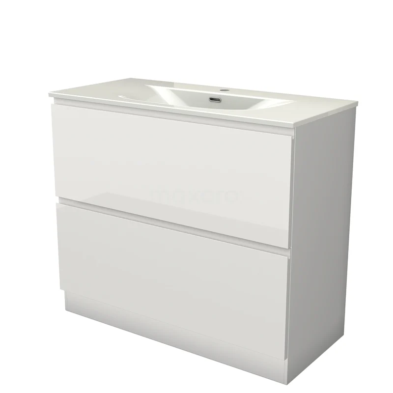 Modulo Vanity units with basin | 100 cm High-gloss white Handle-less front Ceramic 2 high drawers standing drawers under each other BMW13S-00362