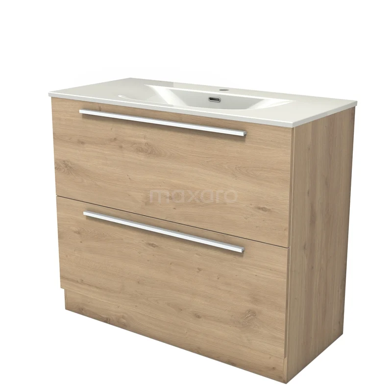 Modulo Vanity units with basin | 100 cm Light brown oak Flat front Ceramic 2 high drawers standing drawers under each other BMW13S-00363