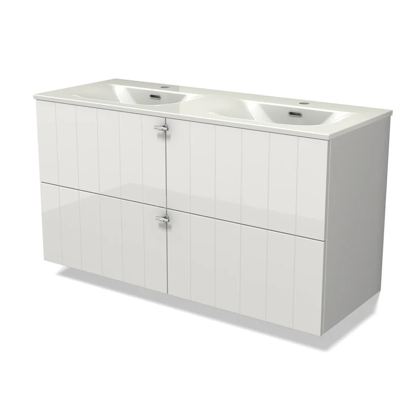 Modulo Vanity units with basin | 120 cm High-gloss white Slat front Ceramic 4 drawers BMW18-01290
