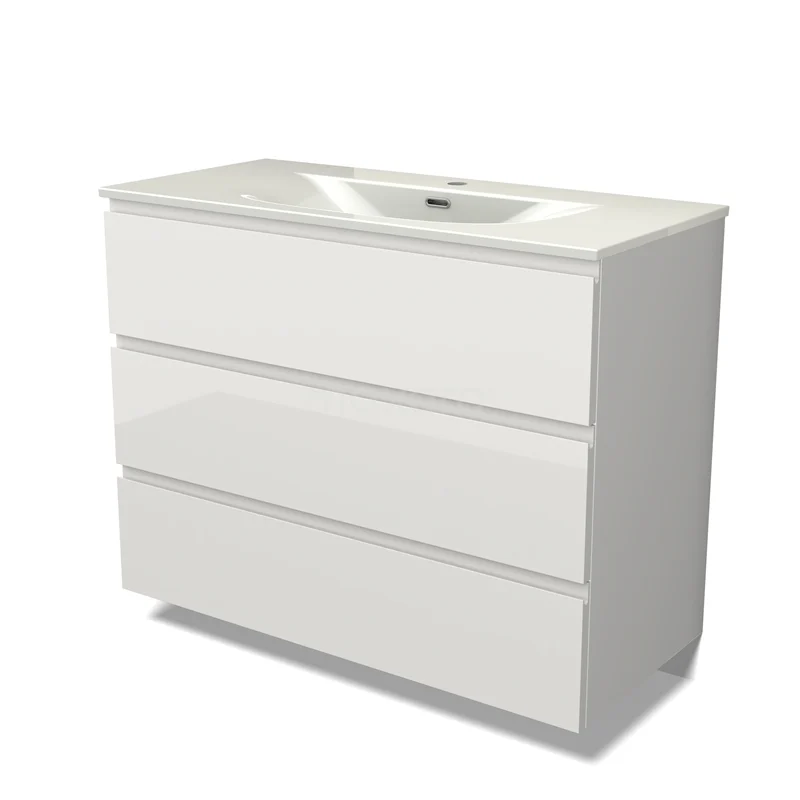 Modulo Vanity units with basin | 100 cm High-gloss white Handle-less front Ceramic 3 drawers BMW19-02904