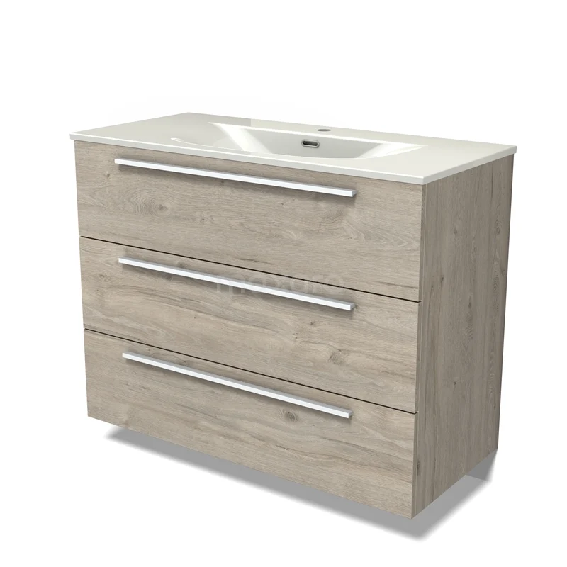 Modulo Vanity units with basin | 100 cm Light grey oak Flat front Ceramic 3 drawers BMW19-02916