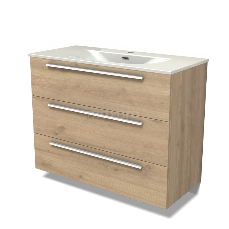 Modulo Vanity units with basin | 100 cm Light brown oak Flat front Ceramic 3 drawers BMW19-02918