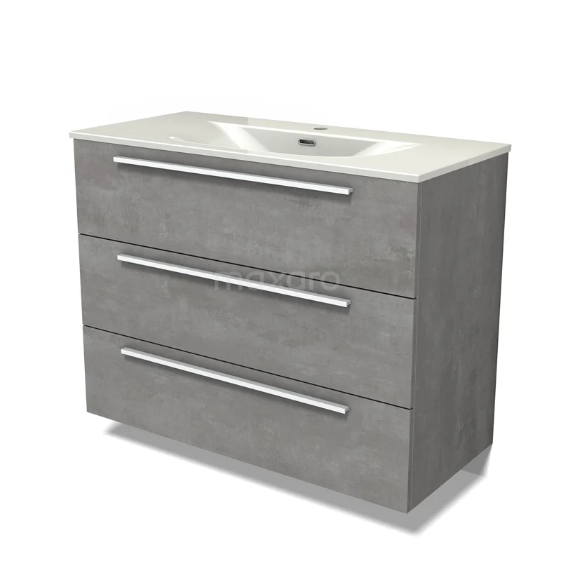Modulo Vanity units with basin | 100 cm Light grey concrete Flat front Ceramic 3 drawers BMW19-02926