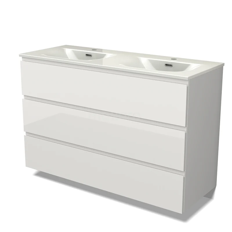 Modulo Vanity units with basin | 120 cm High-gloss white Handle-less front Ceramic 3 drawers BMW19-02936