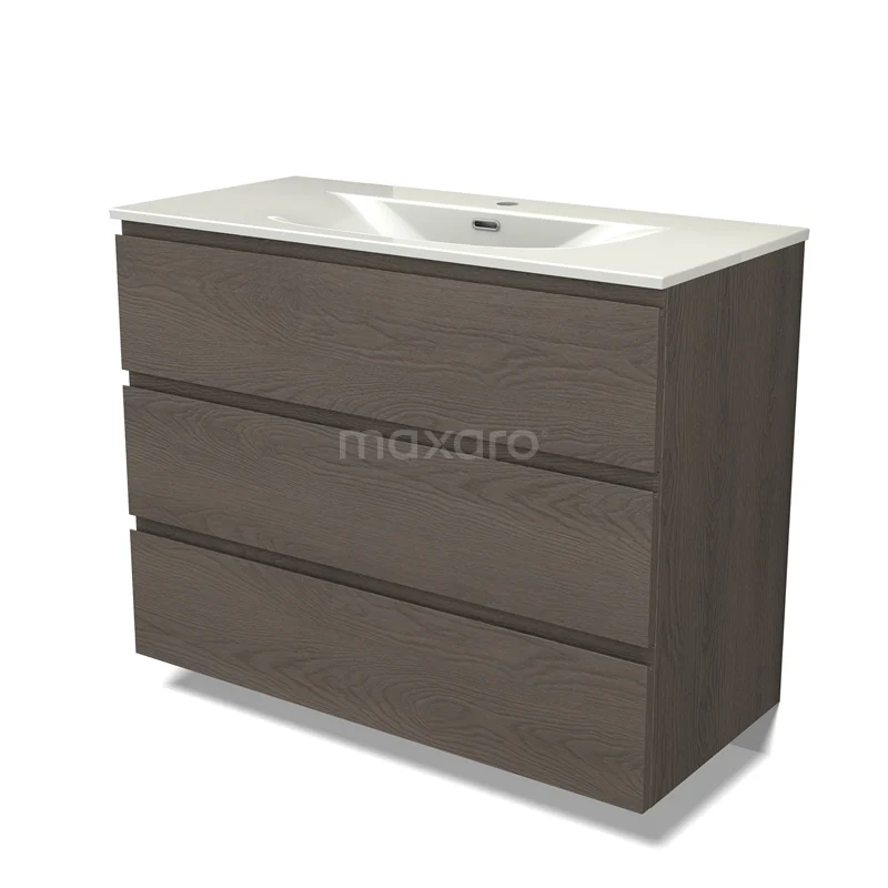 Modulo Vanity units with basin | 100 cm Dark brown oak Handle-less front Ceramic 3 drawers BMW19-02965