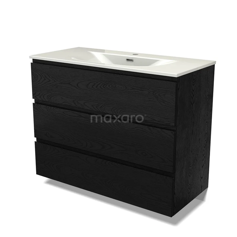 Modulo Vanity units with basin | 100 cm Black oak Handle-less front Ceramic 3 drawers BMW19-02981