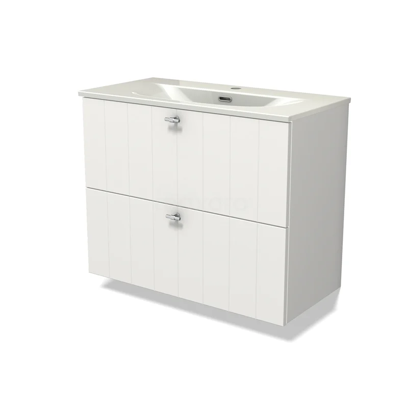 Modulo Slim Vanity units with basin | 80 cm Matte white Slat front Ceramic 2 Stacked drawers BMW37-00951