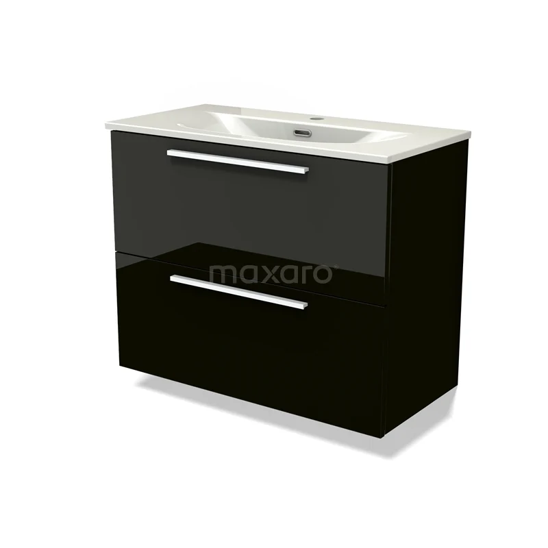 Modulo Slim Vanity units with basin | 80 cm High-gloss black Flat front Ceramic 2 Stacked drawers BMW37-00956