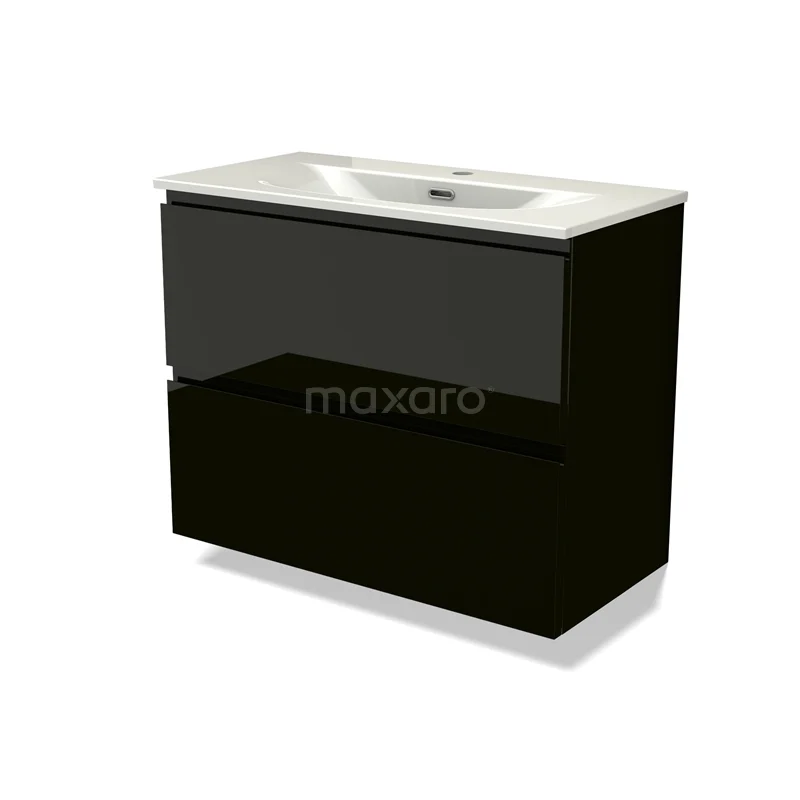 Modulo Slim Vanity units with basin | 80 cm High-gloss black Handle-less front Ceramic 2 Stacked drawers BMW37-00958