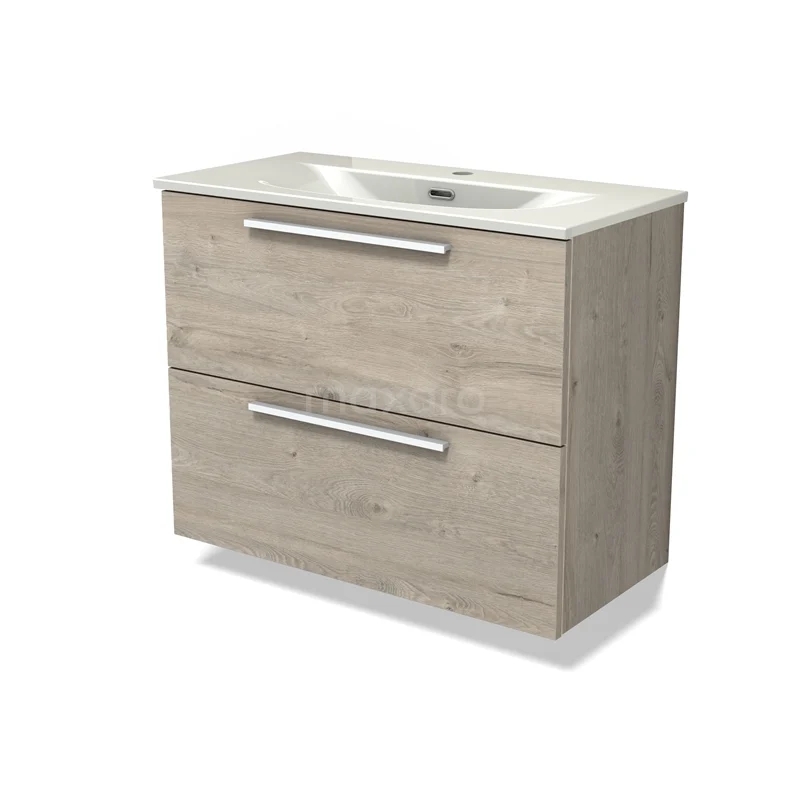 Modulo Slim Vanity units with basin | 80 cm Light grey oak Flat front Ceramic 2 Stacked drawers BMW37-00959