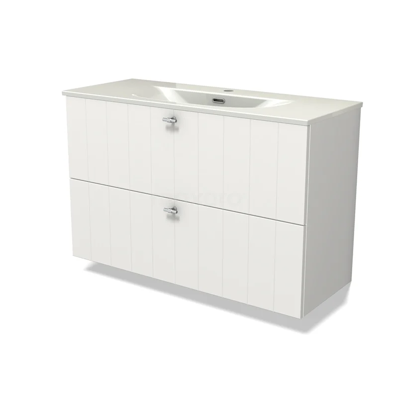 Modulo Slim Vanity units with basin | 100 cm Matte white Slat front Ceramic 2 Stacked drawers BMW37-00983