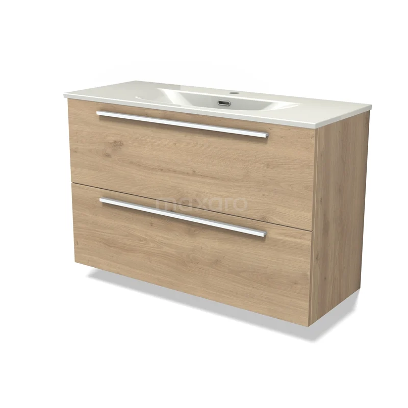 Modulo Slim Vanity units with basin | 100 cm Light brown oak Flat front Ceramic 2 Stacked drawers BMW37-00995