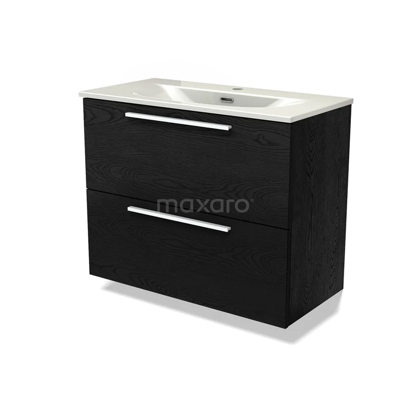 Modulo Slim Vanity units with basin | 80 cm Black oak Flat front Ceramic 2 Stacked drawers BMW37-01033