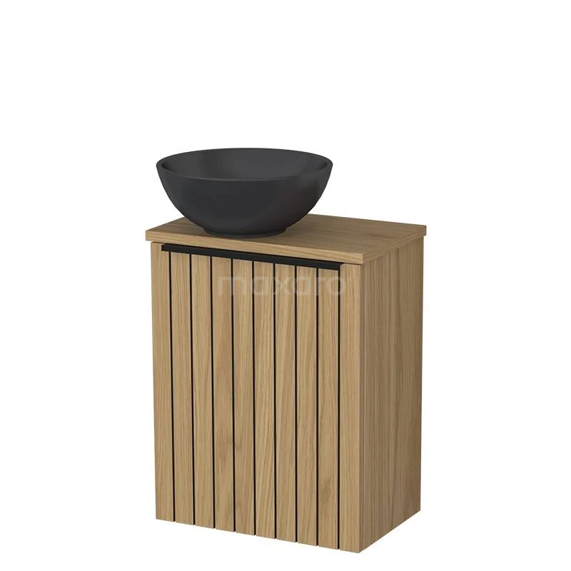 Toilet furniture with countertop wash basin | 41 cm Natural veneer Strip front Matte black Quartz countertop wash basins Natural veneer worktop TMK10-16224