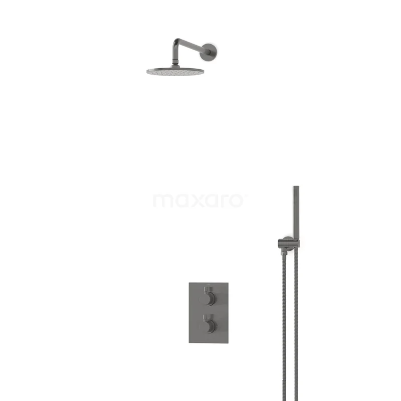 Einbau-Regenbrausegarnitur Radius Schwarz Stahl, Thermostatarmatur, 20cm Kopfbrause, Schwarzes Metall BIM55-00005 Einbau-Regenbrausegarnitur Radius Schwarz Stahl, Thermostatarmatur, 20cm Kopfbrause, Schwarzes Metall BIM55-00005