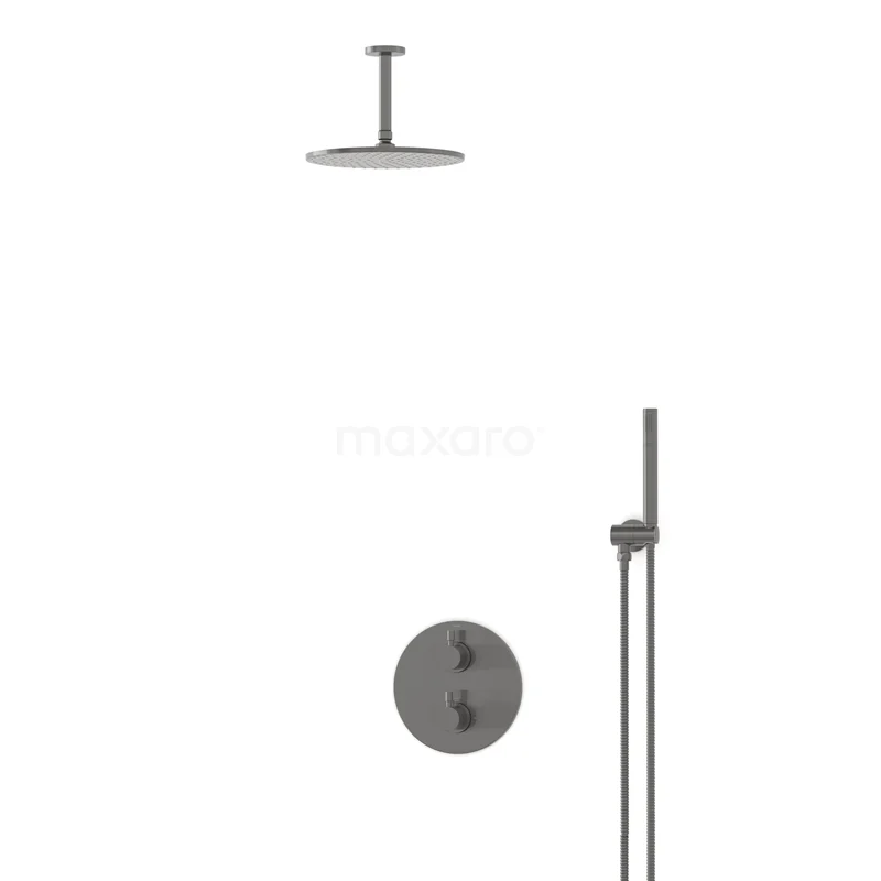 Einbau-Regenbrausegarnitur Radius Schwarz Steel, Thermostatarmatur, 25cm Kopfbrause, Schwarzes Metall BIM55-00015 Einbau-Regenbrausegarnitur Radius Schwarz Steel, Thermostatarmatur, 25cm Kopfbrause, Schwarzes Metall BIM55-00015