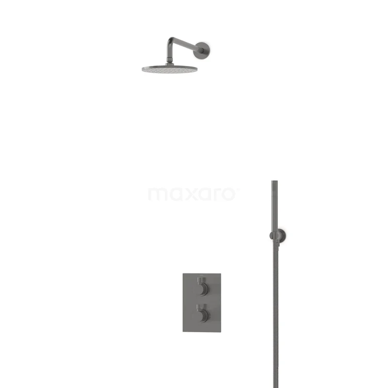 Einbau-Regenbrausegarnitur Radius Schwarz Stahl, Thermostatarmatur, 20cm Kopfbrause, Schwarzes Metall BIM55-00038 Einbau-Regenbrausegarnitur Radius Schwarz Stahl, Thermostatarmatur, 20cm Kopfbrause, Schwarzes Metall BIM55-00038