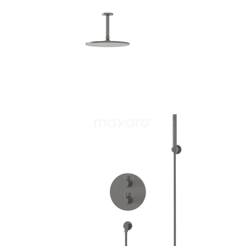 Einbau-Regenbrausegarnitur Radius Schwarz Steel, Thermostatarmatur, 25cm Kopfbrause, Schwarzes Metall BIM55-00085 Einbau-Regenbrausegarnitur Radius Schwarz Steel, Thermostatarmatur, 25cm Kopfbrause, Schwarzes Metall BIM55-00085