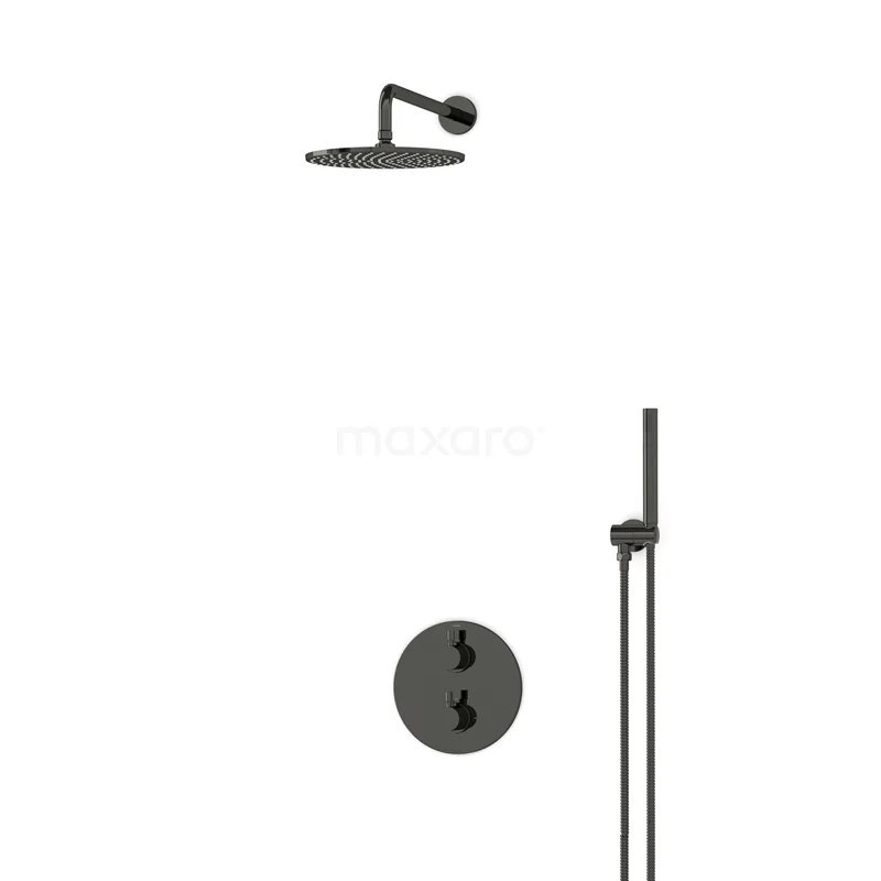 Einbau-Regenbrausegarnitur Radius Schwarz Chrom, Thermostatarmatur, 25cm Kopfbrause, Schwarz Chrom BIB55-00002 Einbau-Regenbrausegarnitur Radius Schwarz Chrom, Thermostatarmatur, 25cm Kopfbrause, Schwarz Chrom BIB55-00002