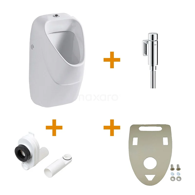 Urinal-Set Pro Wassereinlauf oben Keramik 911013539 Weißes keramisches Urinal mit wassersparendem Spülset, Montageplatte und Abfluss; ideal für moderne Badezimmergestaltung.