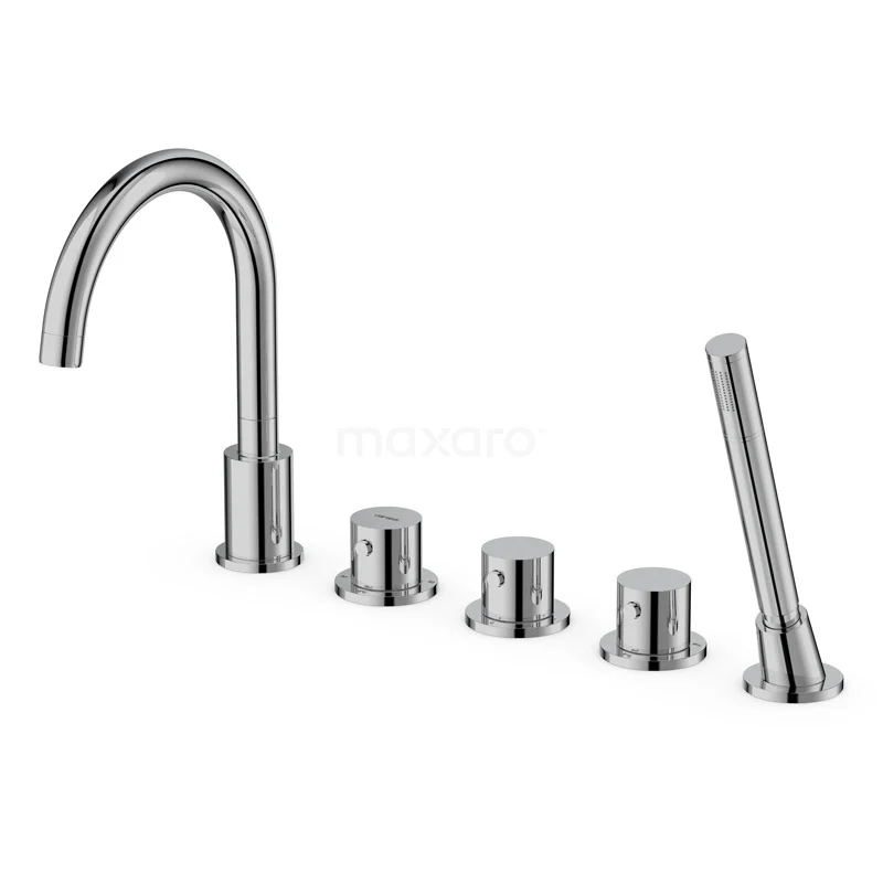 Radius Badewannenarmatur | Chrom Thermostatisch mit Handbrause | Wannenrandmontage BSE-5503-00008 Chrom Badewannenarmatur mit gebogener Auslauf, 4 Knöpfen und Handbrause, modernes Design für stilvolle Badezimmergestaltung.