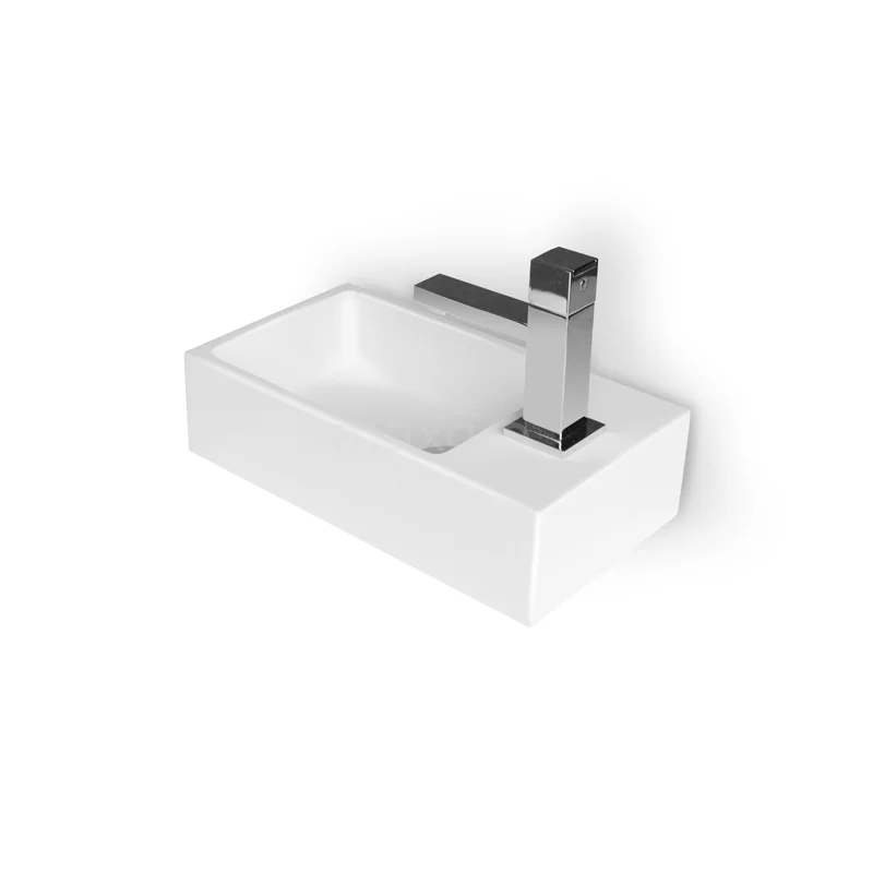 Handwaschbecken WC Mintra Mineralguss Glanz Weiß Hahnloch Rechts M110-1015 Weißes keramisches Handwaschbecken (klein), rechteckiges Design mit integrierter Armatur, ideal für kompakte Bäder.