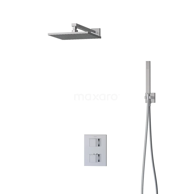 Einbau-Regenbrause-Set Cubic Chrom Thermostatarmatur 25cm Kopfbrause Chrom BIC22-00005 Viereckige Edelstahl-Regendusche mit Handbrause und Thermostat, modernes Design für luxuriöse Badezimmererfahrung.