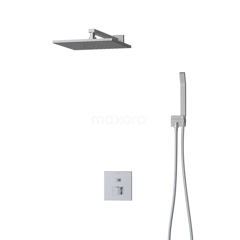 Regendusche Cubic Chrom 30cm Unterputz Einhebelmischer Chrom BIC22-00150 Regenduscheset aus gebürstetem Stahl mit quadratischer Kopfbrause, Handbrause und Einbau-Mischbatterie, ideal für ein modernes Badezimmer.