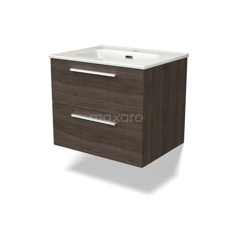 Canto Badkamermeubel met wastafel | 60 cm Donkerbruin essen front Keramiek 2 lades onder elkaar BMW02-00012