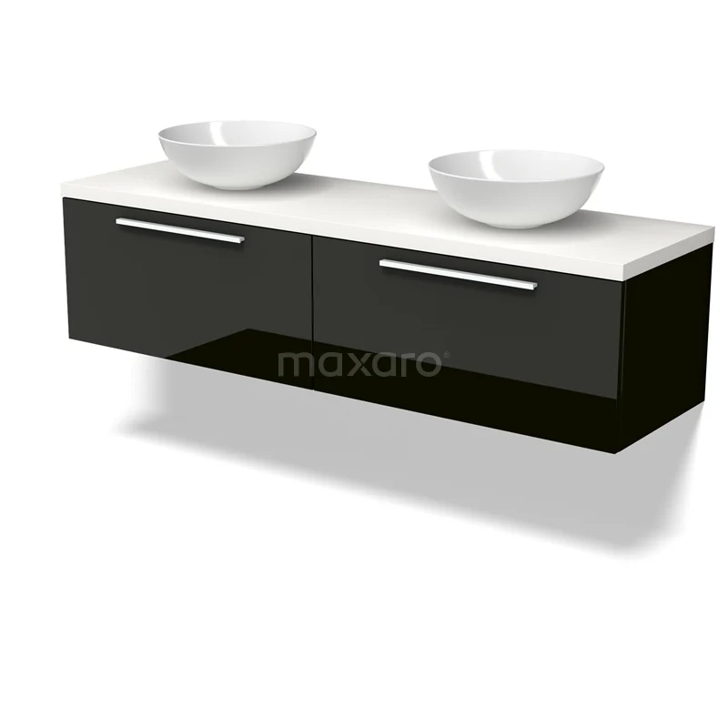 Modulo Plato Vanity units for countertop basin | 160 cm High-gloss black Flat front Matte white worktop 2 Side-by-side drawers BMK12-02128