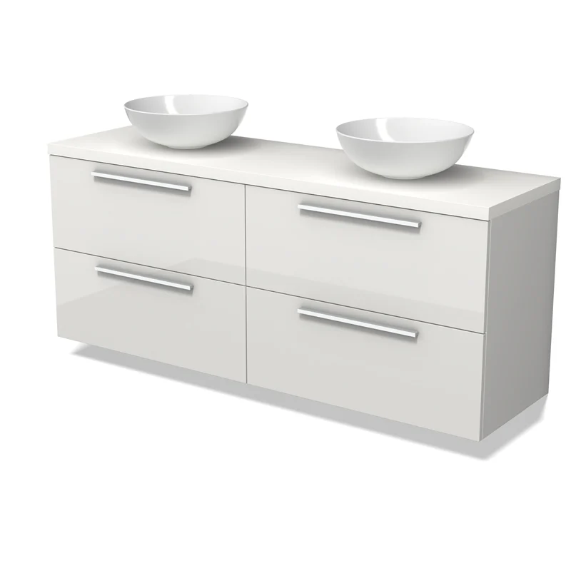 Modulo Plato Vanity units for countertop basin | 160 cm High-gloss white Flat front Matte white worktop 4 drawers BMK18-02244