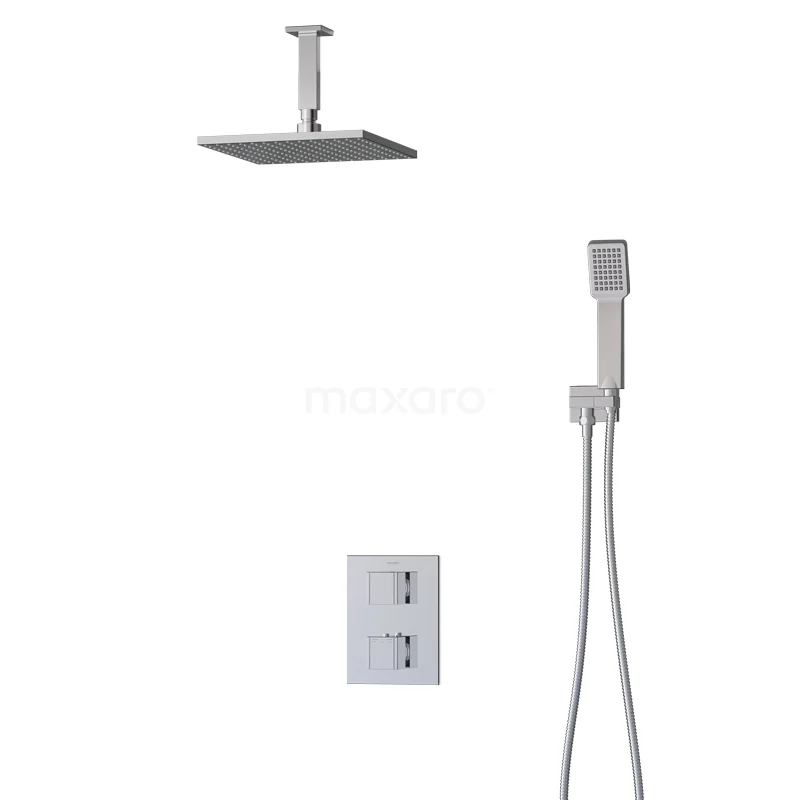 Einbau-Regenbrause-Set Cubic Chrom, Thermostatarmatur, 25cm Kopfbrause, Chrom BIC22-00269 Viereckige Chrom-Regendusche mit Handbrause und eingebauter Thermostatarmatur, perfekt für ein modernes Badezimmer.