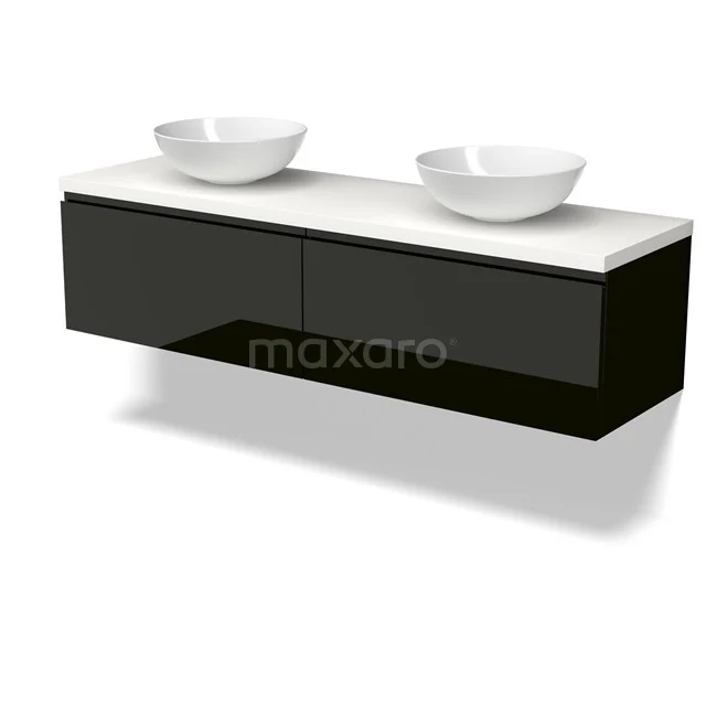 Modulo Plato Vanity units for countertop basin | 160 cm High-gloss black Handle-less front Matte white worktop 2 Side-by-side drawers BMK12-02129