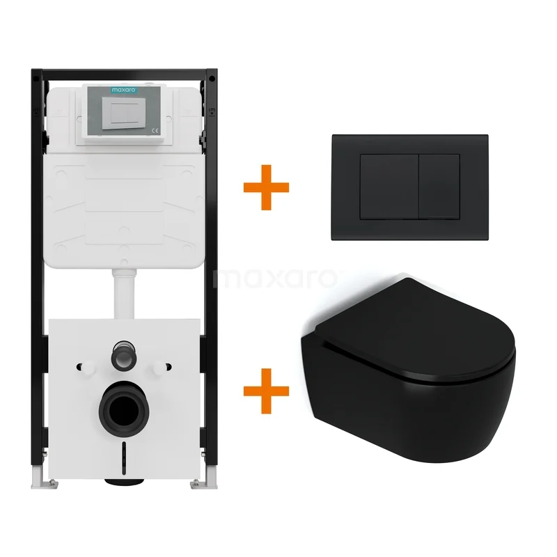Toiletset Mat zwart met Spoelrand + Maxaro Flush Pro inbouwreservoir met geluidsisolatie TOI1878