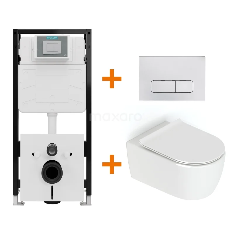 Toiletset Hoogglans wit zonder Spoelrand + Maxaro Flush Pro inbouwreservoir met geluidsisolatie TOI1996