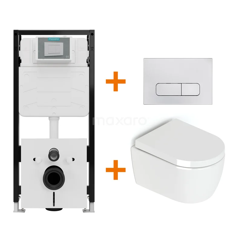 Toiletset Hoogglans wit zonder Spoelrand + Maxaro Flush Pro inbouwreservoir met geluidsisolatie TOI1997