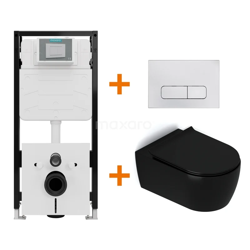 Toiletset Mat zwart met Spoelrand + Maxaro Flush Pro inbouwreservoir met geluidsisolatie TOI2008