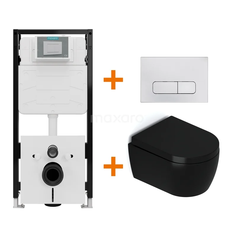 Toiletset Mat zwart met Spoelrand + Maxaro Flush Pro inbouwreservoir met geluidsisolatie TOI2009