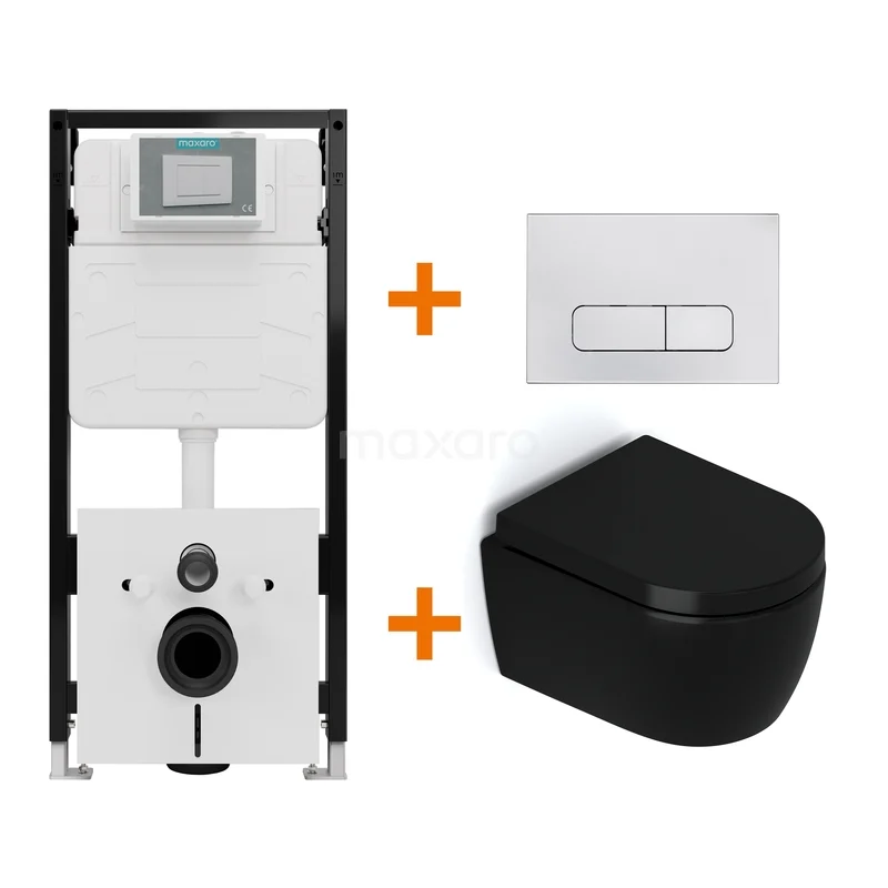Toiletset Mat zwart zonder Spoelrand + Maxaro Flush Pro inbouwreservoir met geluidsisolatie TOI2013