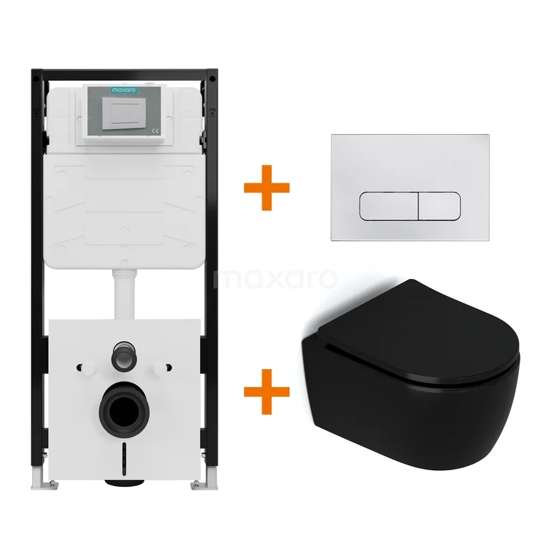 Toiletset Mat zwart zonder Spoelrand + Maxaro Flush Pro inbouwreservoir met geluidsisolatie TOI2014