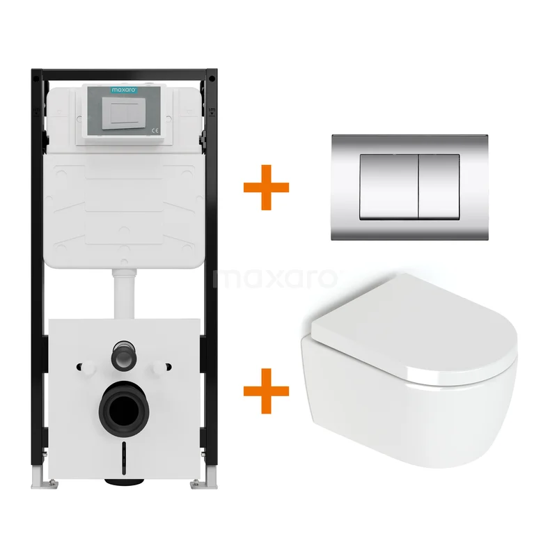 Toiletset Hoogglans wit zonder Spoelrand + Maxaro Flush Pro inbouwreservoir met geluidsisolatie TOI2063
