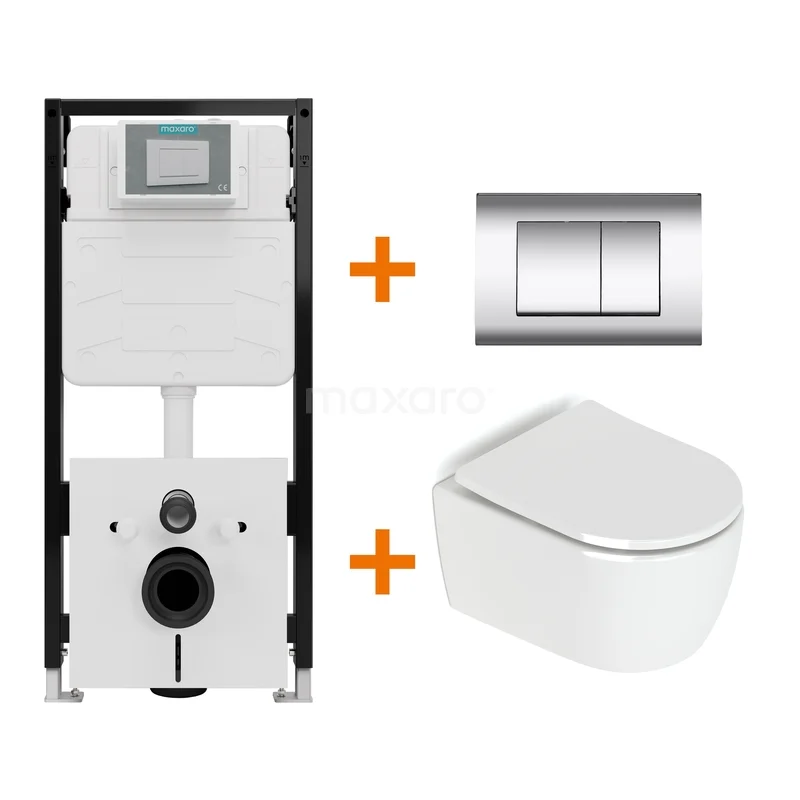 Toiletset Hoogglans wit zonder Spoelrand + Maxaro Flush Pro inbouwreservoir met geluidsisolatie TOI2064