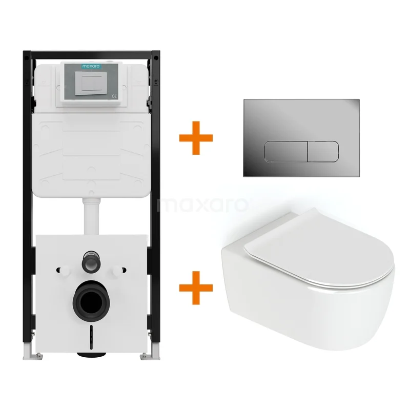Toiletset Hoogglans wit zonder Spoelrand + Maxaro Flush Pro inbouwreservoir met geluidsisolatie TOI2095