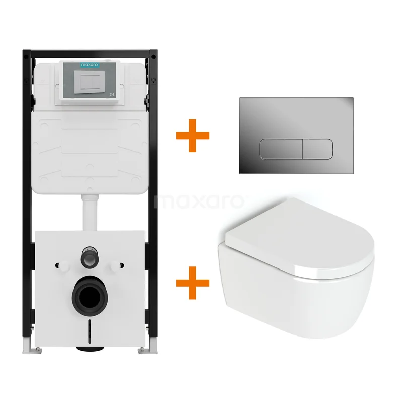 Toiletset Hoogglans wit zonder Spoelrand + Maxaro Flush Pro inbouwreservoir met geluidsisolatie TOI2096