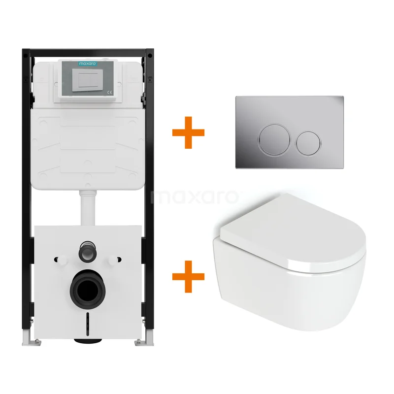 Toiletset Hoogglans wit zonder Spoelrand + Maxaro Flush Pro inbouwreservoir met geluidsisolatie TOI2129