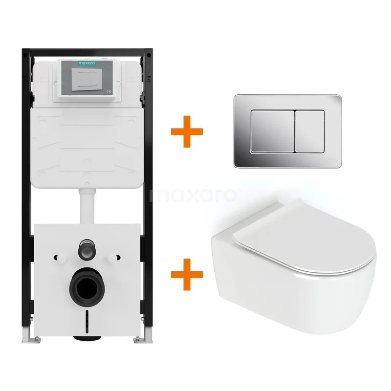 Toiletset Hoogglans wit zonder Spoelrand + Maxaro Flush Pro inbouwreservoir met geluidsisolatie TOI2227